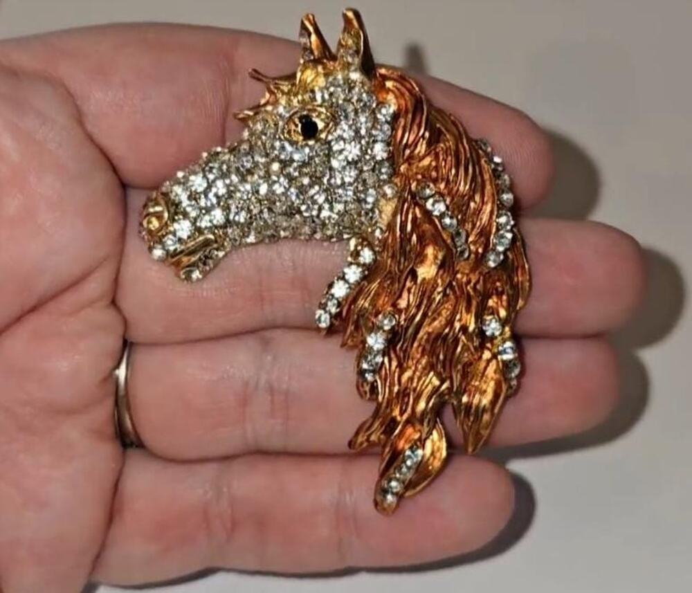 Rhinestone Horse Head Brooch: Bronze Mane